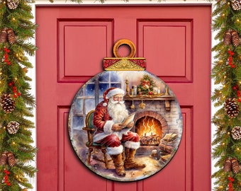Santa at the Fireplace Holiday Door Décor by G. Debrekht | Christmas Santa Snowman Wooden Décor - 8611089H