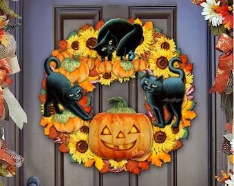 May include: A Halloween wreath featuring a carved pumpkin, black cats, sunflowers, and autumn leaves. The wreath is crafted from wood and has a rustic appearance.