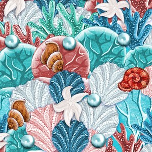 May include: Sea-themed pattern featuring coral, seashells, and pearls in shades of blue, green, pink, and white. The design is perfect for fabric, wallpaper, or wrapping paper.