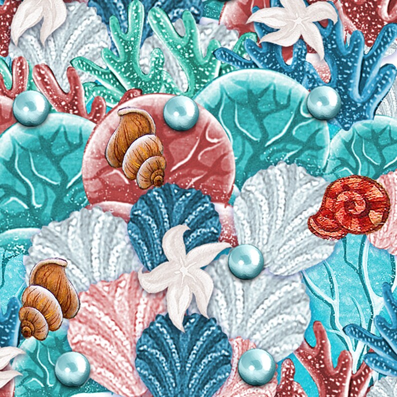May include: Sea-themed pattern featuring coral, seashells, and pearls in shades of blue, green, pink, and white. The design is perfect for fabric, wallpaper, or wrapping paper.