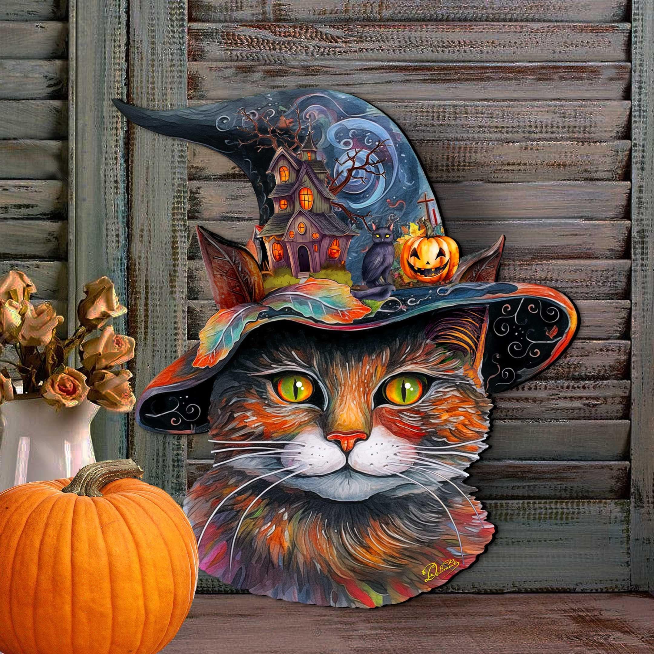 Halloween Cat in a Hat Door Hanger - Wooden Hanging Wall Decor