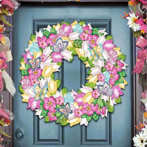Spring Butterfly Wreath Door Hanger – Wooden Easter Decor for Front Door, Wall, or Garden - Easter Gift - Handmade in the USA – 8185301H