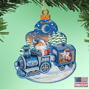 Christmas Train Ornament - Holiday Tree, Handcrafted Christmas Tree Decoration, Wooden Holiday Decor 8112180 - READY TO SHIP