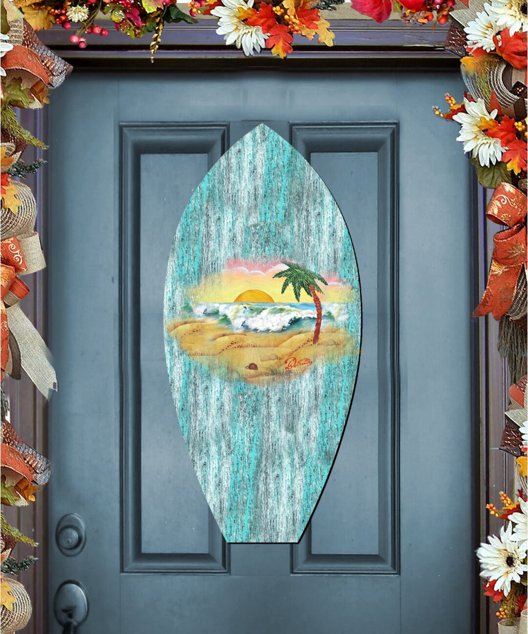 Coastal Surfboard Door Hanger – Beach Sunset Wooden Decor -8198522H - Etsy