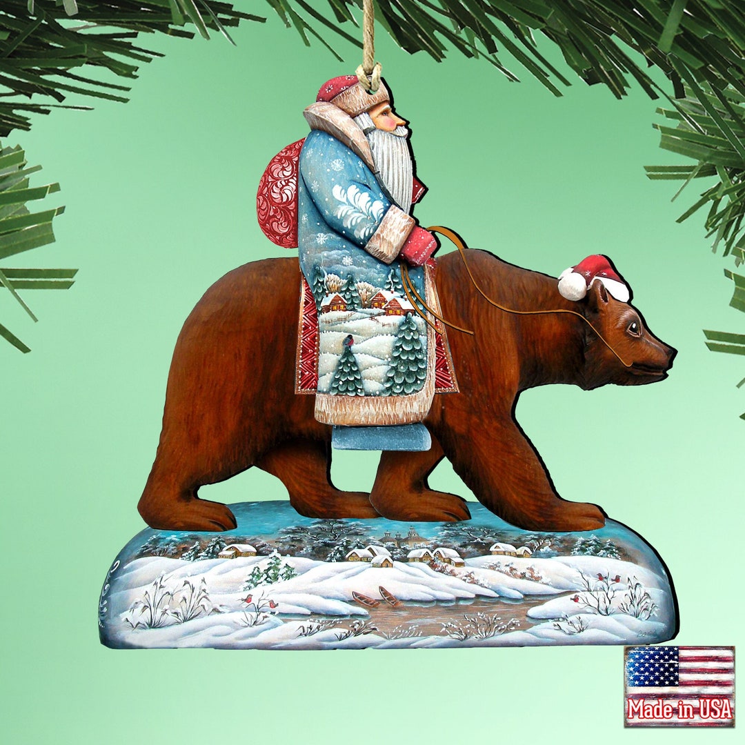 Santa Riding Grizzly Bear Ornament Art - Christmas Decor - Handcrafted ...