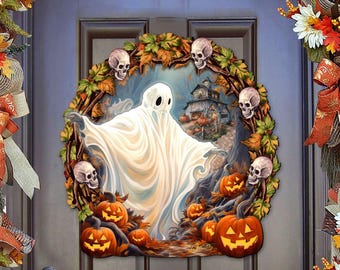 Accroche-porte couronne fantôme Halloween et oeuvre d'art murale - Décoration intérieure et extérieure en bois fabriquée à la main, décoration de porche par GDebrekht - 8652825H