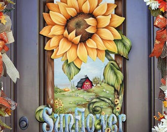 Summer Door Decor - Sunflower Wooden Door Hanger - Art by Jamie Mills Price - Log Cabin Sign - Housewarming Gift - Floral Wall Art 8457701H