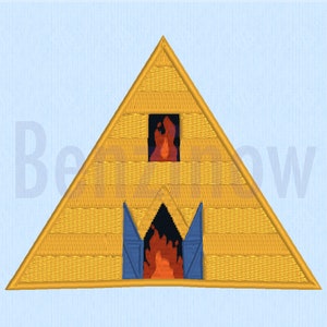 May include: Embroidered design of a yellow pyramid with a flame inside. The pyramid has a textured appearance with a gold outline. Blue doors frame the bottom opening, and a flame is visible inside. A smaller window with a flame is at the top.