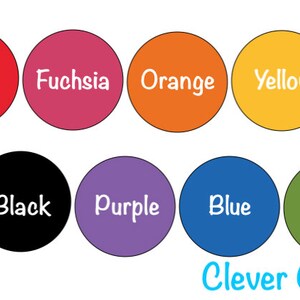 May include: A chart displaying various vinyl colours available for purchase. The colours include red, fuchsia, orange, yellow, silver glitter, black, purple, blue, and green. The text "Vinyl Colours" and "Clever Classroom" are also included.