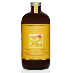May include: A brown glass bottle with a yellow label and a silver cap. The label has a graphic of a cocktail glass with a cherry on top. The text on the label reads "3x4 oz. Honey Sour Syrup Sirop Sur Au Miel 503ml-17oz FL No. 0011 Fait & Montreal Made in Montreal"
