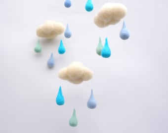 Blue mobile Felt mobile Mint turquoise raindrops Baby mobile Living room decor Ceiling Mobile Felt Cloud Mobile Childrens room Bedroom decor
