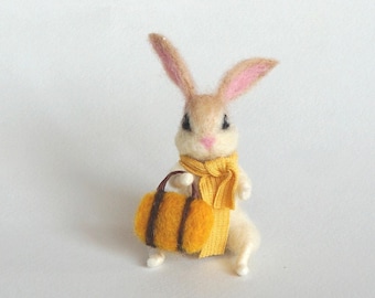 Traveling bunny White rabbit Cute hare Tiny animal Needle felt bunny Spring hare Wool Rabbit Mini hare Waldorf sculpture Dollhouse Gift  her