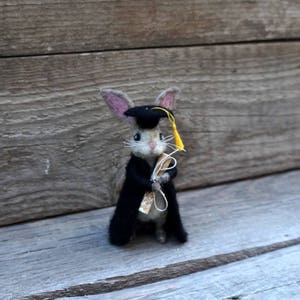 May include: A small, gray and white rabbit wearing a black graduation cap and gown, holding a rolled up scroll in its paws. The rabbit is standing on a wooden surface.
