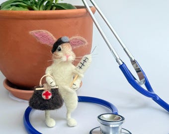 Doctor Bunny Needle Felted Figurine | Handmade Wool Rabbit Art Doll
