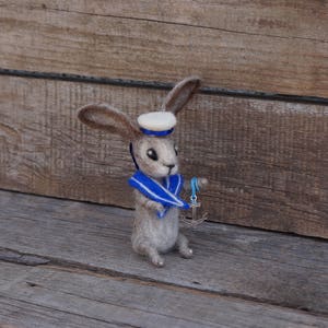 Bunny Sailor Nautical Art doll Seaside Nautical Summer decor Summer time Woolen figurine Woodland Soft Sculpture Organic cute gift image 2