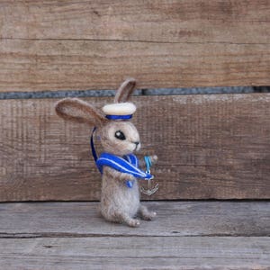 Bunny Sailor Nautical Art doll Seaside Nautical Summer decor Summer time Woolen figurine Woodland Soft Sculpture Organic cute gift image 1