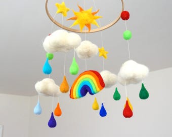 Rainbow mobile Sun mobile Felt cloud mobile Raindrops baby mobile Colorful mobile Newborn gift Childrens decor Rainbow circle mobile