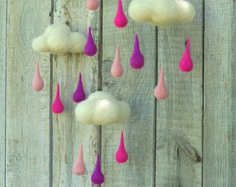 Violet baby mobile Baby girl mobile Cloud mobile Rustic decor Felt raindrops mobile Purple mobile Homemade mobile Raindrops baby mobile