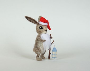 Felted Bunny Santa Claus Christmas ornament Christmas lantern Xmas decor Wool felted animal Rabbit Christmas miniature Dollhouse figurine