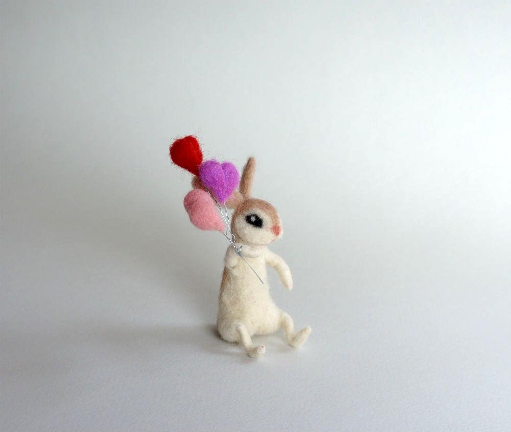 White Bunny With Heart Balloons - Needle Felted Rabbit - Valentine's ...