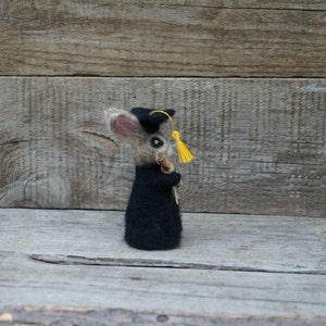 May include: A small, gray, felt rabbit wearing a black graduation cap and gown, holding a rolled-up scroll in its paws. The rabbit has a yellow tassel on its cap.