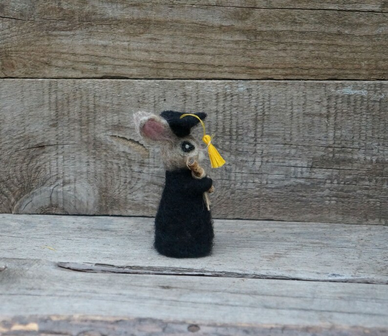 May include: A small, gray, felt rabbit wearing a black graduation cap and gown, holding a rolled-up scroll in its paws. The rabbit has a yellow tassel on its cap.