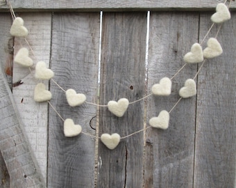 Valentine's Felt Hearts White Banner White Wedding Heart Rustic decor Needle Felted Wool Decor Homemade Spring decor Winter Wedding Banner