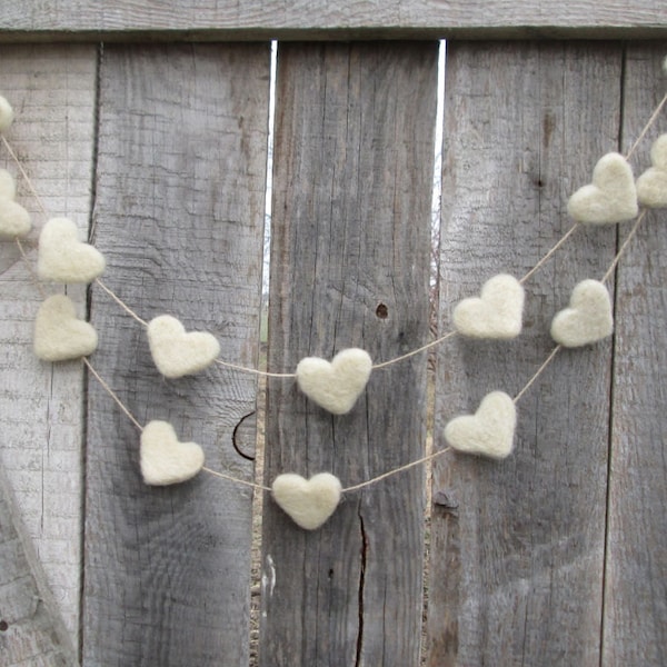 White Heart Banner Felt Heart Garland Valentine’s Felt Hearts White Wedding Rustic décor Felted Homemade décor Wool Decor Spring accent