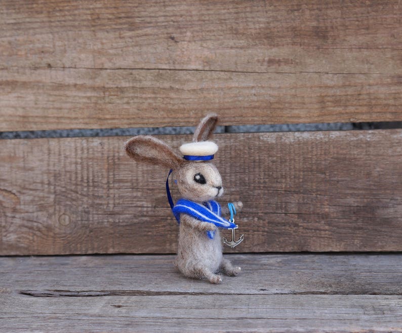 Bunny Sailor Nautical Art doll Seaside Nautical Summer decor Summer time Woolen figurine Woodland Soft Sculpture Organic cute gift image 1