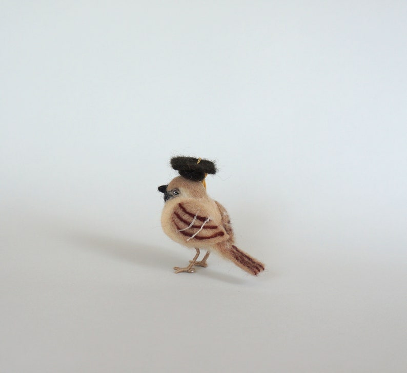 May include: A small, brown and white felt bird wearing a black felt graduation cap. The bird is standing on a white surface.