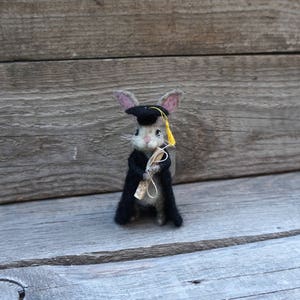May include: A gray felt rabbit wearing a black graduation cap and gown, holding a yellow scroll. The rabbit is standing on a wooden surface.