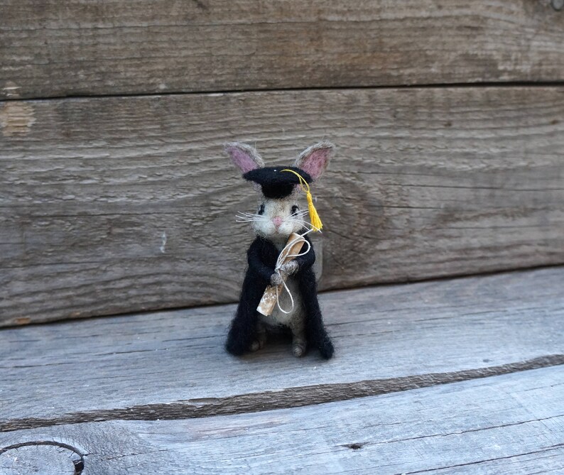May include: A gray felt rabbit wearing a black graduation cap and gown, holding a yellow scroll. The rabbit is standing on a wooden surface.