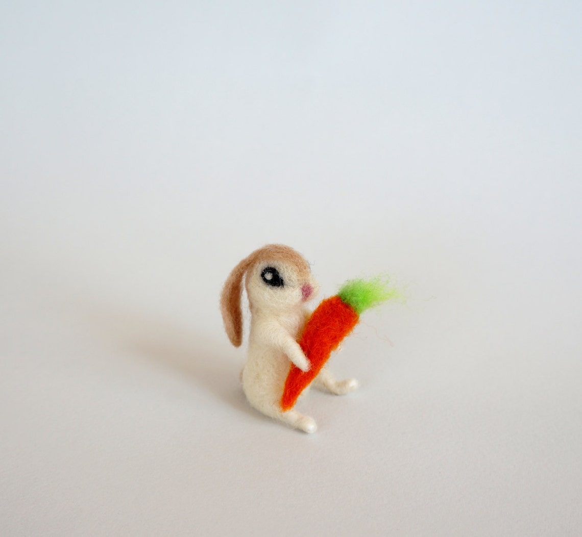 Tiny Bunny Carrot Mini Hare White Felt Rabbit Wool Figurine Cute Easter ...