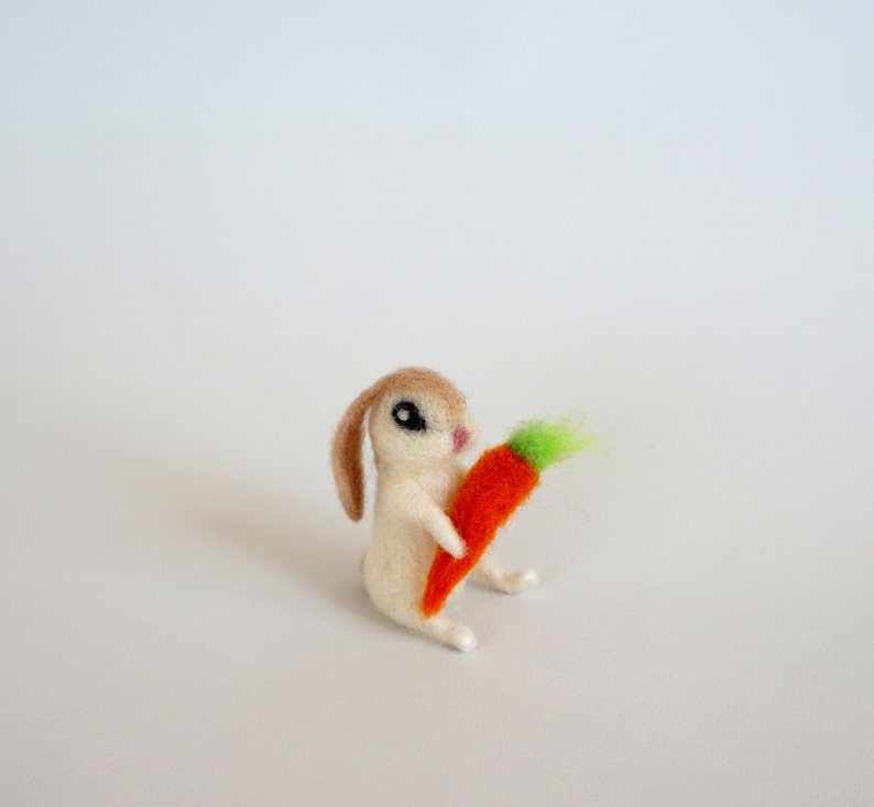Tiny Bunny Carrot Mini Hare White Felt Rabbit Wool Figurine Cute Easter ...