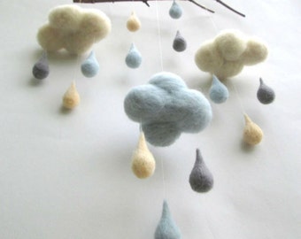 Baby mobile Pastel Raindrops Felt Cloud Mobile Rain childrens decor Blue Cream Gray Nursery decor Nursery room