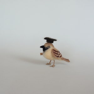 May include: A small, brown and white felt bird wearing a black felt graduation cap. The bird is standing on a white surface.