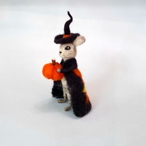 Op de afbeelding: Een klein, wit konijn met een zwarte heksenhoed en een zwart-oranje cape houdt een kleine oranje pompoen vast.