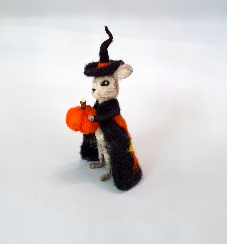 Op de afbeelding: Een klein, wit konijn met een zwarte heksenhoed en een zwart-oranje cape houdt een kleine oranje pompoen vast.