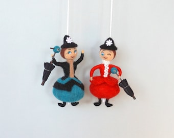 Mary Poppins Art doll Felt wool doll Felt Miniature Hanging ornament Famous Nanny Talking Umbrella Wool sculpture Mini Doll Handmade doll