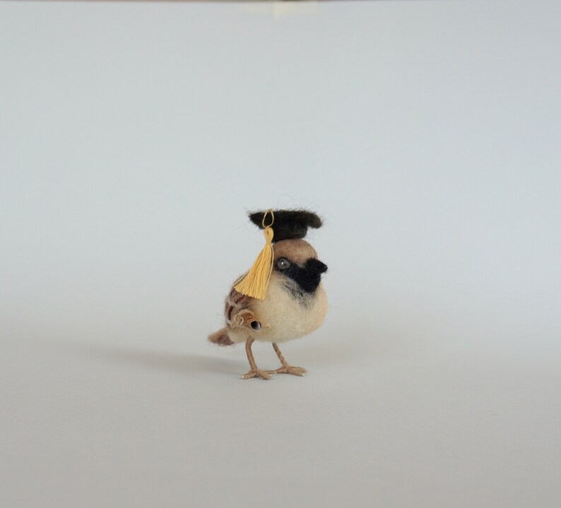 May include: A small, brown and white felt bird wearing a black graduation cap with a gold tassel. The bird is standing on a white surface.