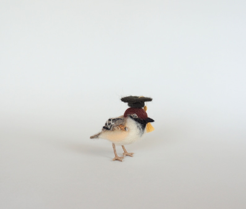 May include: A small, brown and white bird wearing a black graduation cap with a gold tassel. The bird is standing on a white surface.