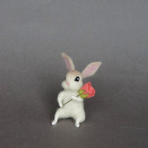 Felted Miniature Bunny White Bunny Flower Tiny Hare Rose Dollhouse ...
