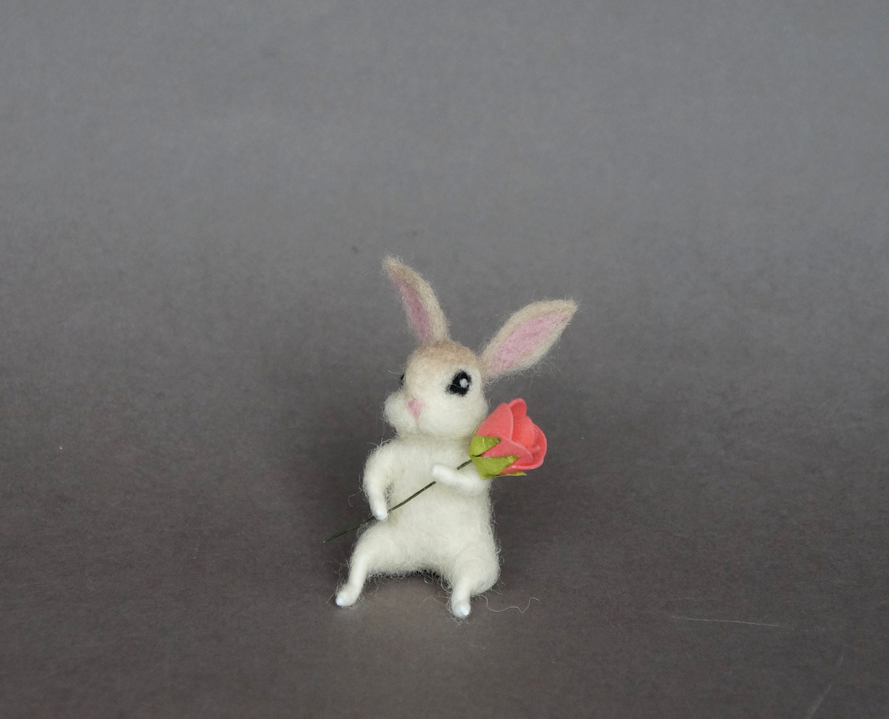 Felted Miniature Bunny White Bunny Flower Tiny Hare Rose Dollhouse ...