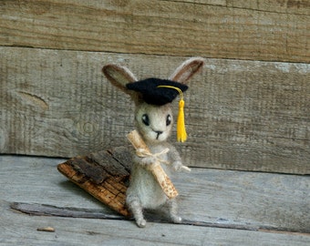 Graduation Bunny Felted rabbit Graduation present College Cute gift for graduate Back to school Felted Miniature animal Cute hare Doll house