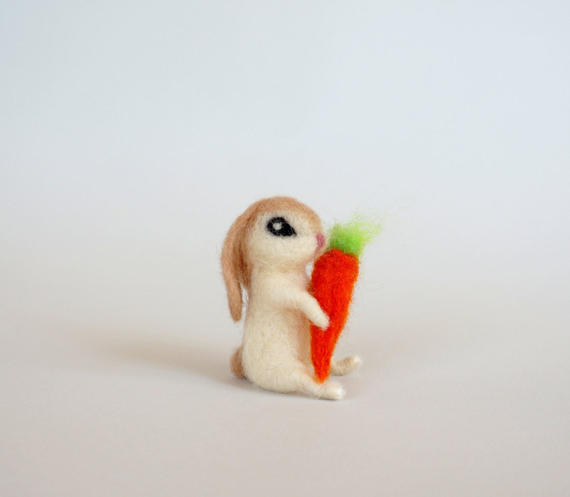 Tiny Bunny Carrot Mini Hare White Felt Rabbit Wool Figurine Cute Easter ...