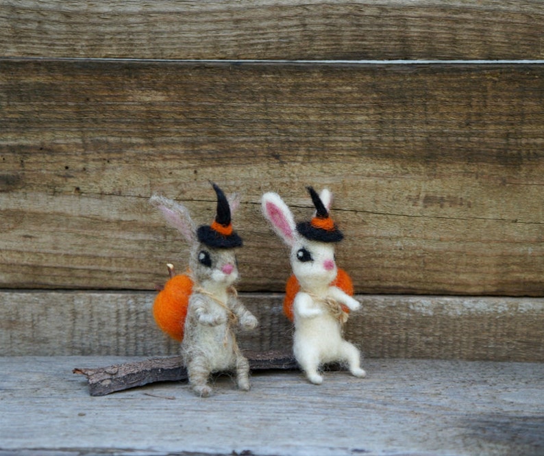 Op de afbeelding: Twee viltkonijnen die heksenhoeden dragen en oranje pompoenen dragen. De konijnen staan op een houten oppervlak.