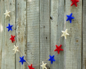 Felt Star Garland, Patriotic 4th of July Decor, Red White Blue Bunting