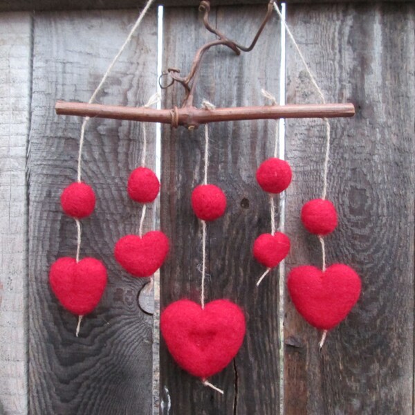 SALE Red Heart Mobile Valentines decoration Felted Hearts Mobile Spring Home Decor Rustic Nature inspired Eco Friendly Woodland Organic gift