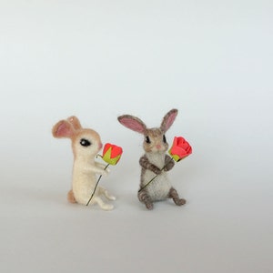 Felted Miniature Bunny White Bunny Flower Tiny Hare Rose Dollhouse ...