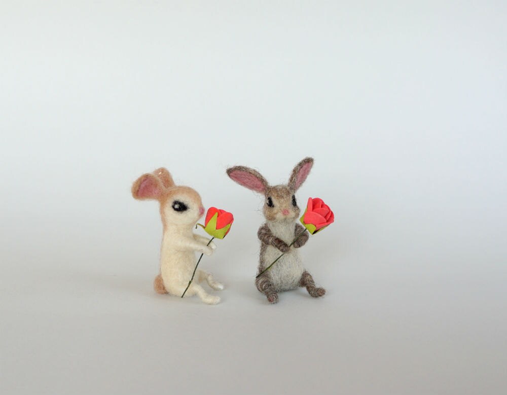 Felted Miniature Bunny White Bunny Flower Tiny Hare Rose Dollhouse ...